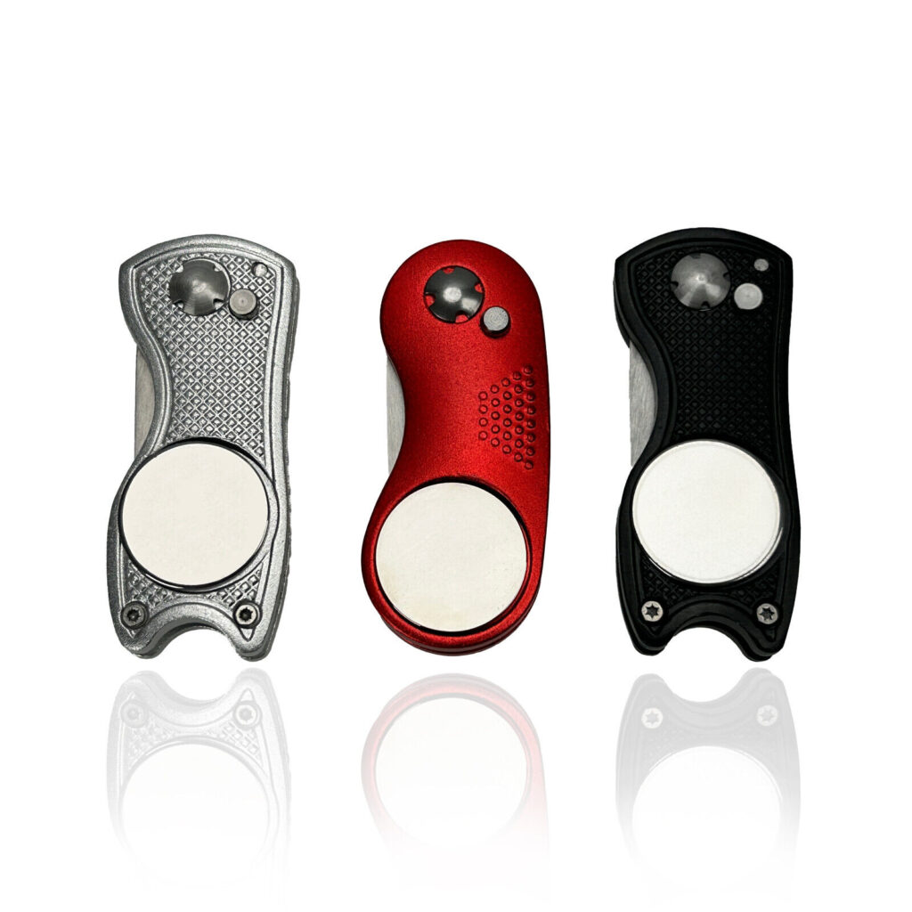 Golf Divot Repair Tool with Magnetic Ball Marker / Switch Blade Style Pitchfork
