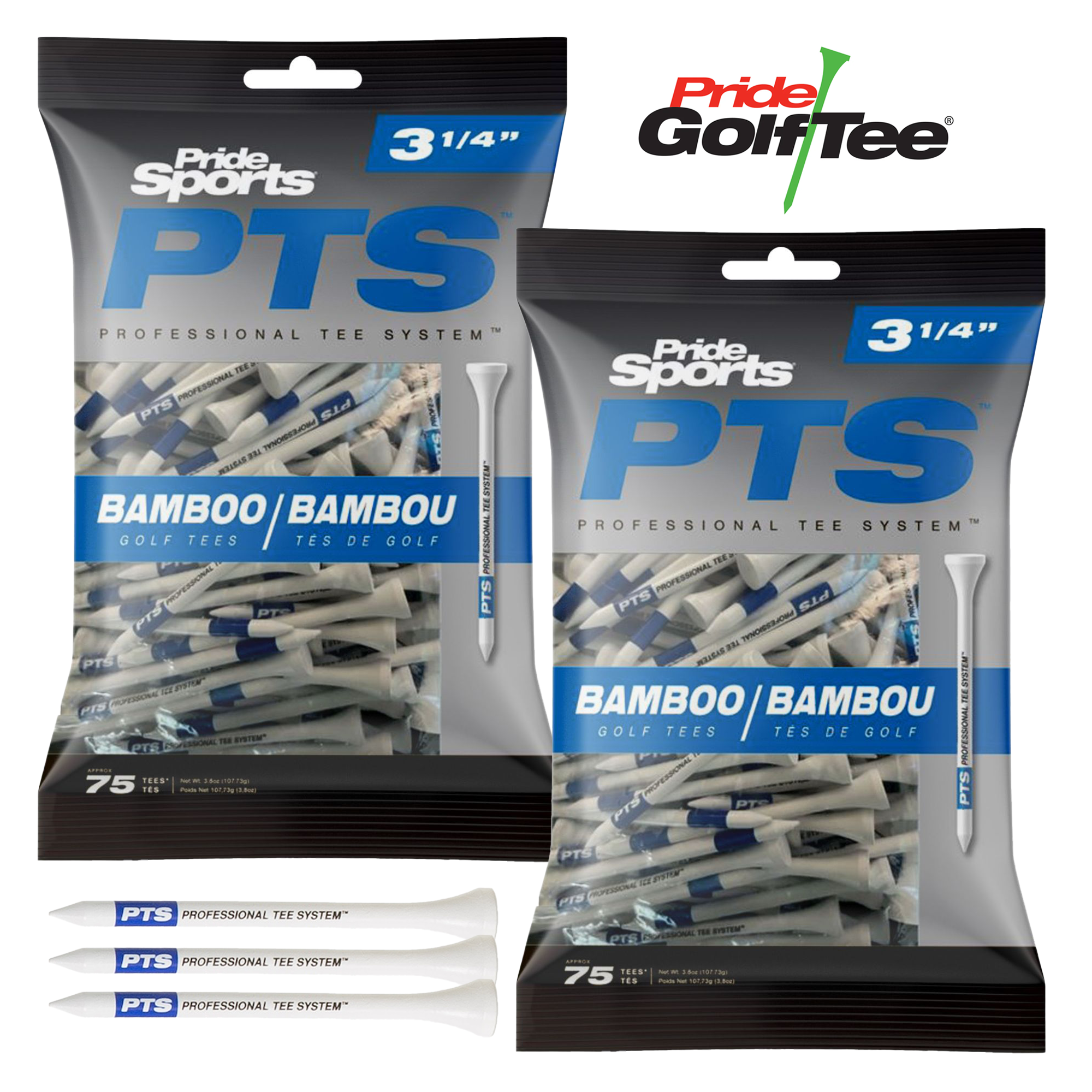 Pride PTS Bamboo Tees - Pro Length-Plus 3.25" - Twinpack (2 x 75 Pack) - Image 2